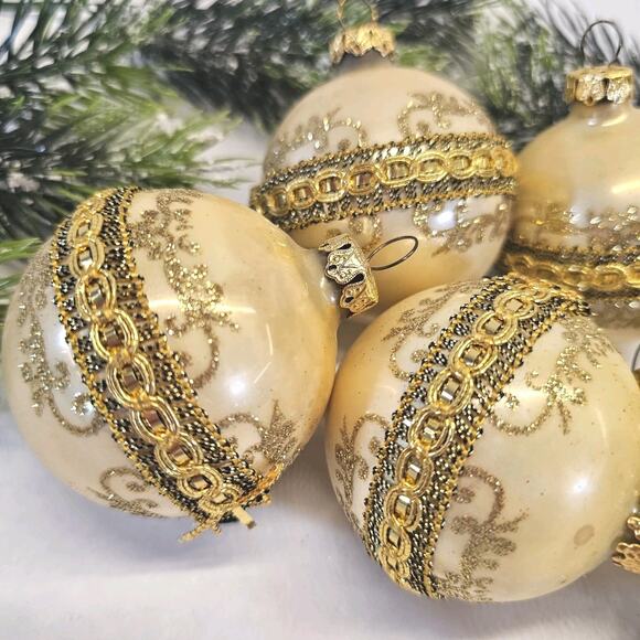 6 Vintage Gold West Germany Christmas Tree Ornaments Mercury Glass? 2.25 Glitter - Picture 2 of 7